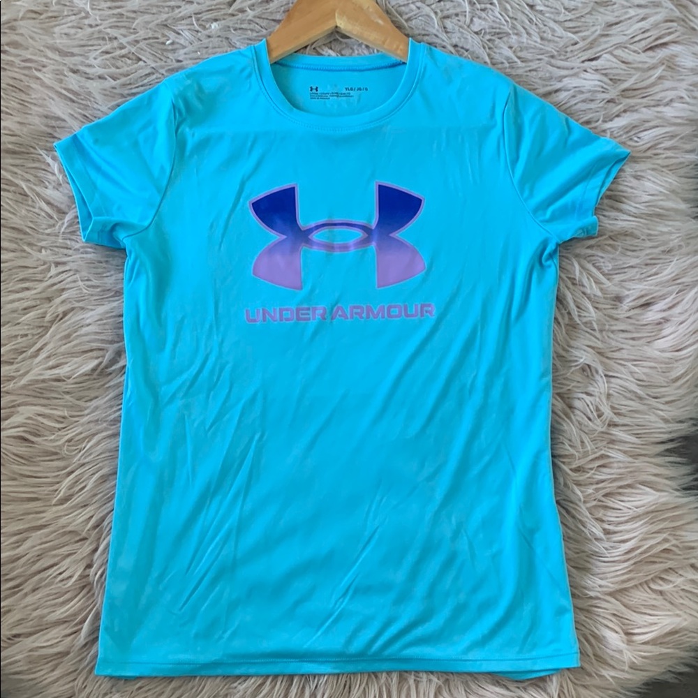 Girl’s Under Armour Aqua Tee with Purple & Dark Blue Logo